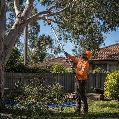 Tree Pruning in Bendigo. Deadwooding, crown lifting and canopy reduction to reduce summer limb-drop risk and improve light to the house and garden.