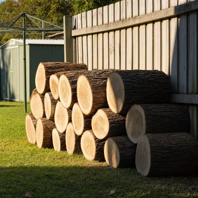 Logs cut and stacked for firewood, Bendigo